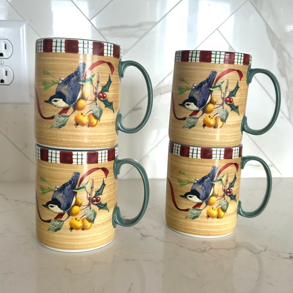 Lenox Winter Greetings Everyday Set of 4 Nuthatch Stoneware Coffee Cups